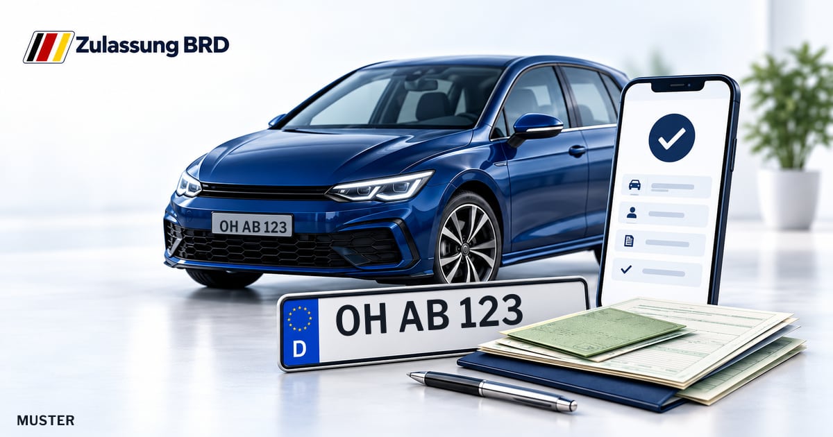 Online Fahrzeugzulassung in Bad Schwartau: Musterkennzeichen OH AB 123, Auto und Fahrzeugpapiere und Smartphone. Illustration mit Logo von Zulassung BRD.